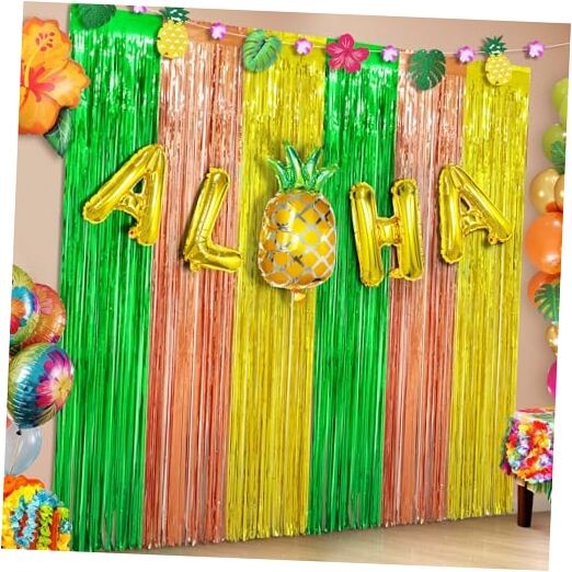Hawaiian Luau Party Decorations, 3Pcs Hawaiian Backdrop Foil Fringe Curtain