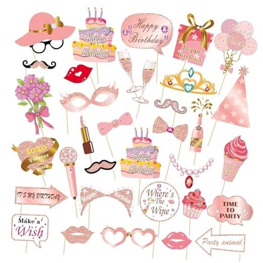 33PCS Glitter Birthday Photo Booth Props, LMSHOWOWO Rose Gold Party Photobooth