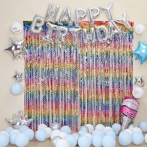 3 Pack Colorful Foil Fringe Curtain Backdrop – 6.6 x 3.3 ft Wavy Tinsel Rainbow