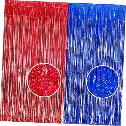 Tinsel Foil Fringe Curtains for 4th of July Decorations | Metallic Red Blue
