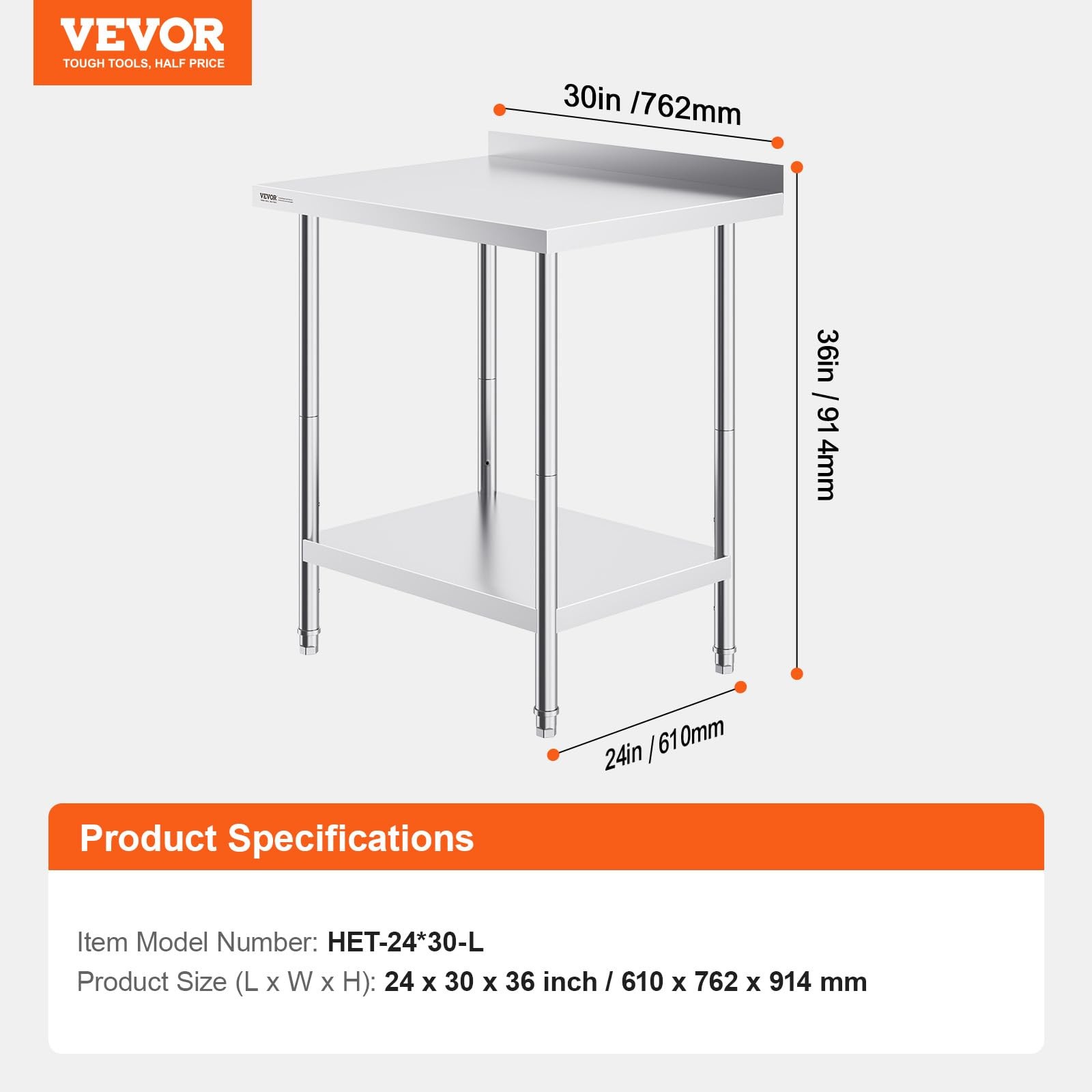 Vevor 24 X 30 X 36 Inch Stainless Steel Work Table Commercial Food Prep