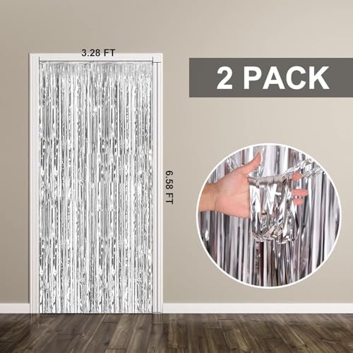 2 Pack Foil Curtain Party Streamers Metallic Tinsel Foil Fringe 2 Pcs Silver