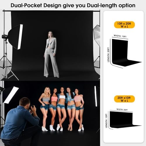 Backdrop for Photography, Dual-Size Dual-Pocket Design Photo 10x20ft Black