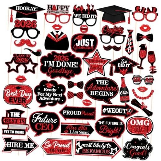 46Pcs Black Graduation Photo Booth Props 2026 Graduation Decorations with Red