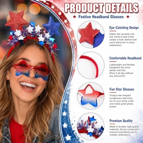 4th of July Patriotic Headband and Star Sunglasses Set Red White 4th of July-1