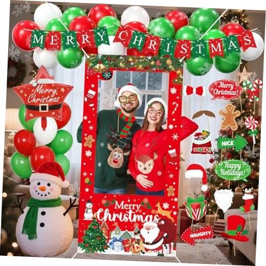 Party Decorations Set with Photo Booth Frame, Merry Banner, 35 Christmas
