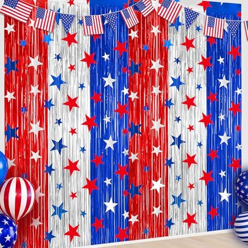 Pack 4th of July Foil Fringe Curtains 3.3 x 6.6 Ft Patriotic Party Tinsel 2