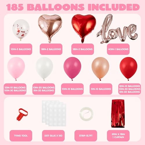 338 Pcs Valentine’s Day Balloon Arch Set, Red White and Pink Balloons with