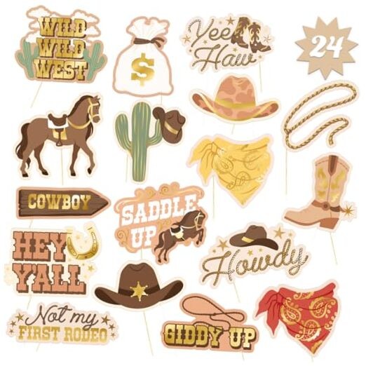 Western Photo Booth Props – 24 Count | Kids Rodeo Party Backdrop, Birthday