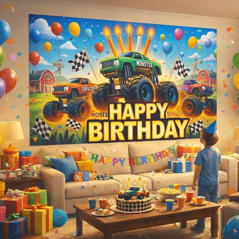 Truck Birthday Decorations Banner 71×43 Inch, Truck Birthday Party Multicolor2
