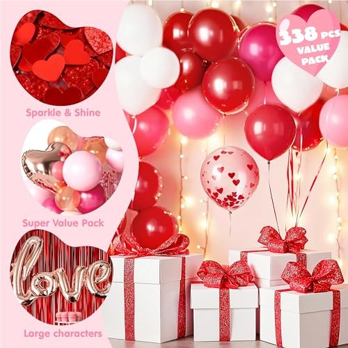 338 Pcs Valentine’s Day Balloon Arch Set, Red White and Pink Balloons with