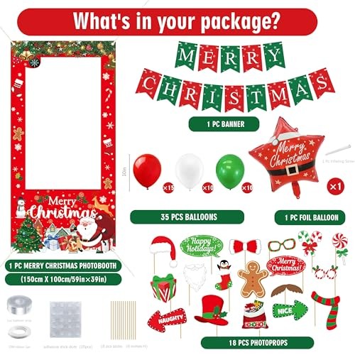 Party Decorations Set with Photo Booth Frame, Merry Banner, 35 Christmas