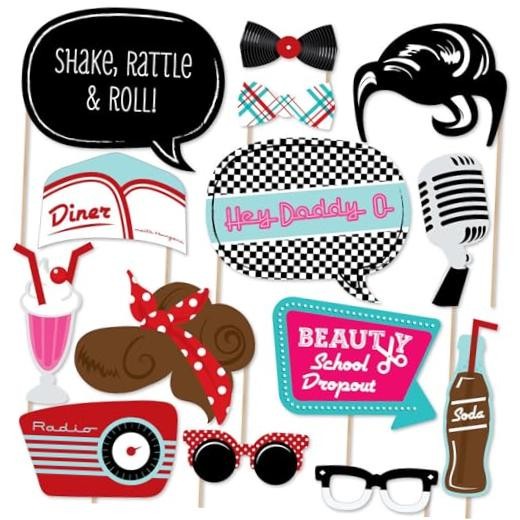 1950s Sock Hop Photo Booth Props Kit, 20-Piece Retro Rock N Roll Party