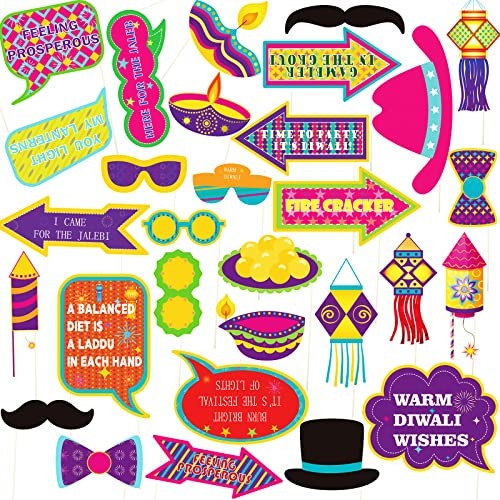 30 Pieces Happy Diwali Party Photo Booth Props Kit Festival of Lights Prop for