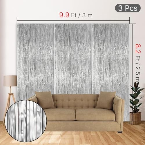 Streamers Tinsel Backdrop 8.2FT Metallic Tinsel Foil Fringe 3pcs Silver