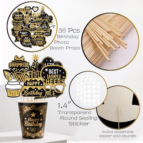 36 Pcs Birthday Photo Booth Props Kit, Black and Gold Party Favors, Happy