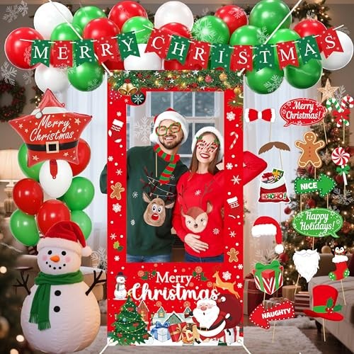 Party Decorations Set with Photo Booth Frame, Merry Banner, 35 Christmas