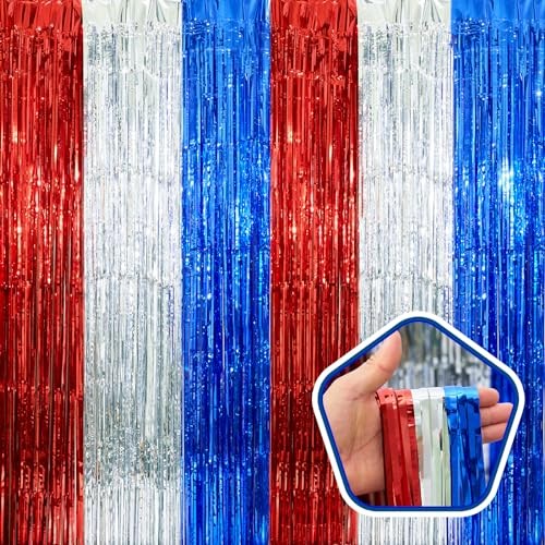 Election Day Decorations, 3 Pack Red White and Blue Tinsel Foil Fringe