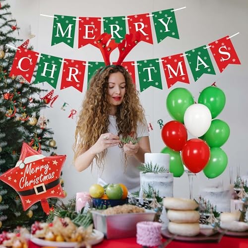 Party Decorations Set with Photo Booth Frame, Merry Banner, 35 Christmas
