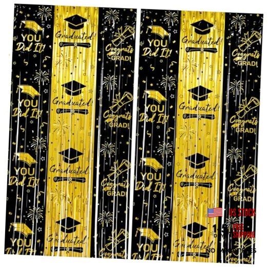 Graduation Decorations, Thicken Black and Tinsel Backdrop 2 Pack 3.3 x 6.6 Gold