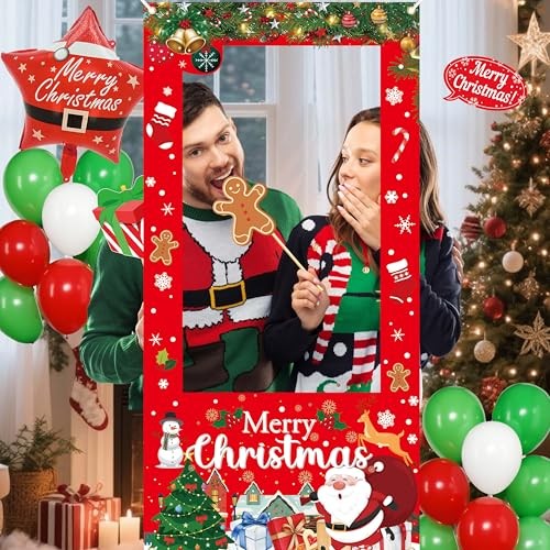 Party Decorations Set with Photo Booth Frame, Merry Banner, 35 Christmas