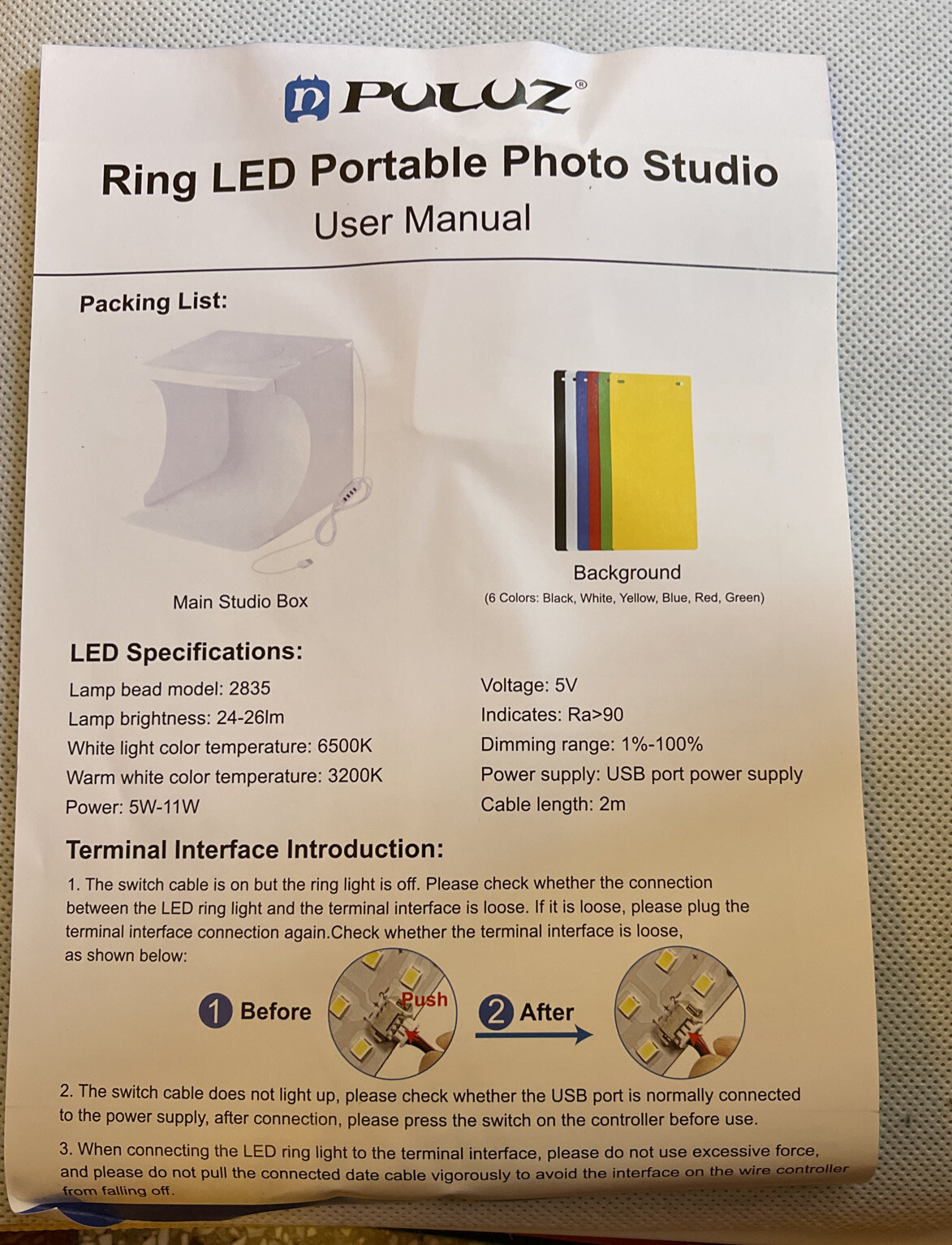 PORTABLE PHOTO STUDIO WITH ADJUSTABLE LED LIGHT – 6 colored backgrounds – PULUZ