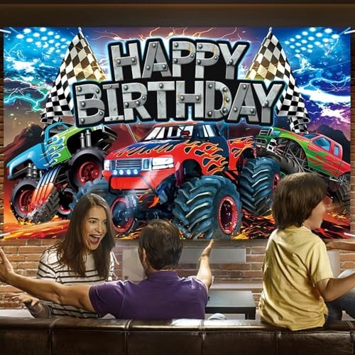Monster Truck Birthday Backdrop, 5.9×3.6Ft Happy Birthday Banner for Truck