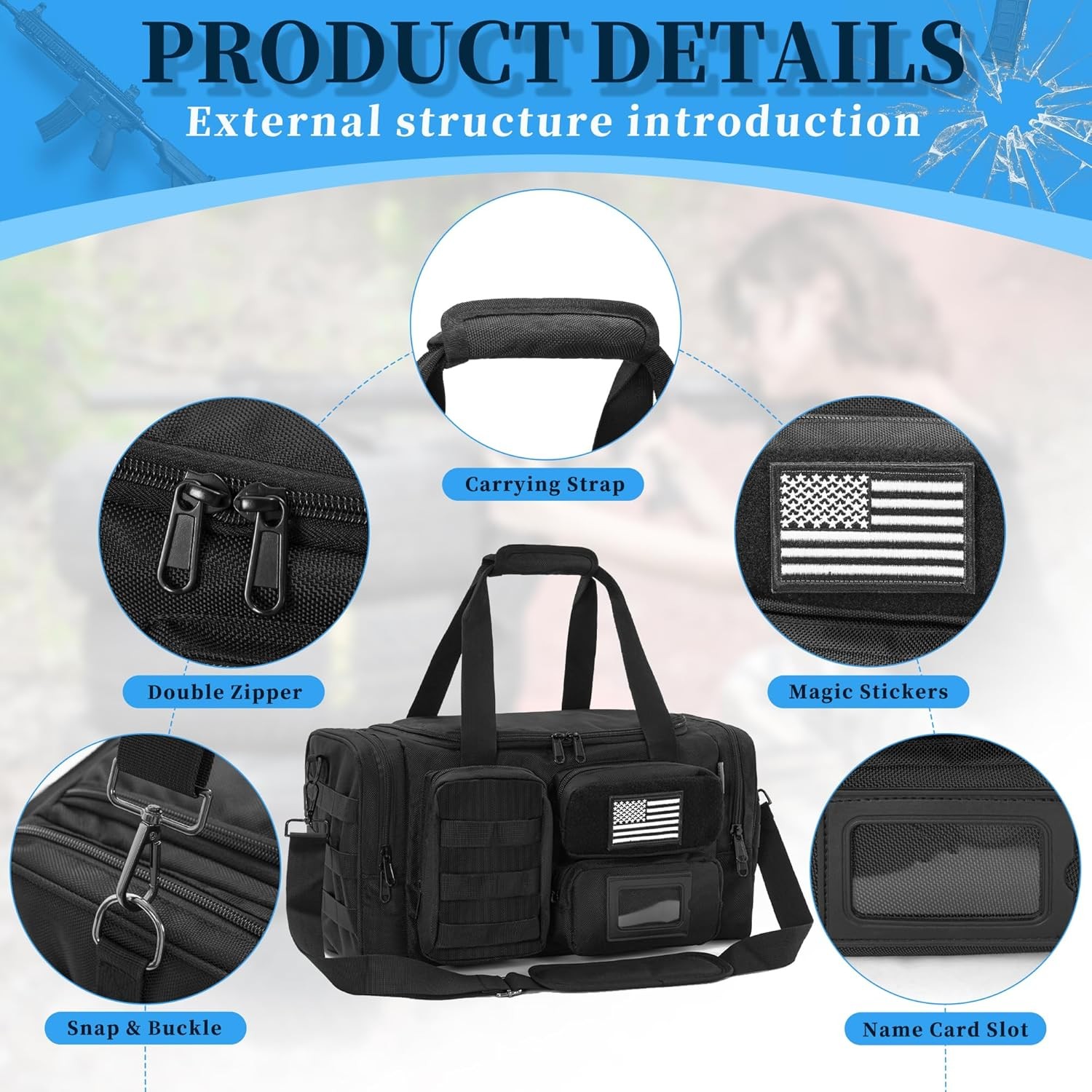 Tactical Pistol Range Bag with Mag Slots and Extra Storage