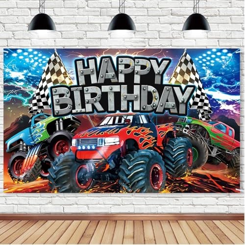 Monster Truck Birthday Backdrop, 5.9×3.6Ft Happy Birthday Banner for Truck