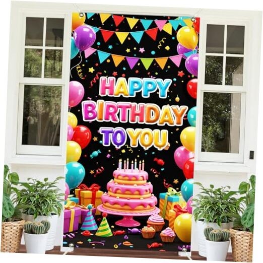 Colorful Happy Birthday Door Banner Cake Birthday Door Cover 6x3Ft S1