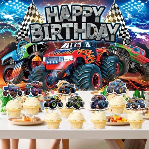 Monster Truck Birthday Backdrop, 5.9×3.6Ft Happy Birthday Banner for Truck