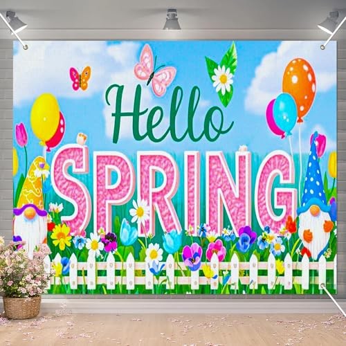 Spring Gnome Backdrop 8x6ft Hello Spring Garden Party Hello Spring Backdrop#02