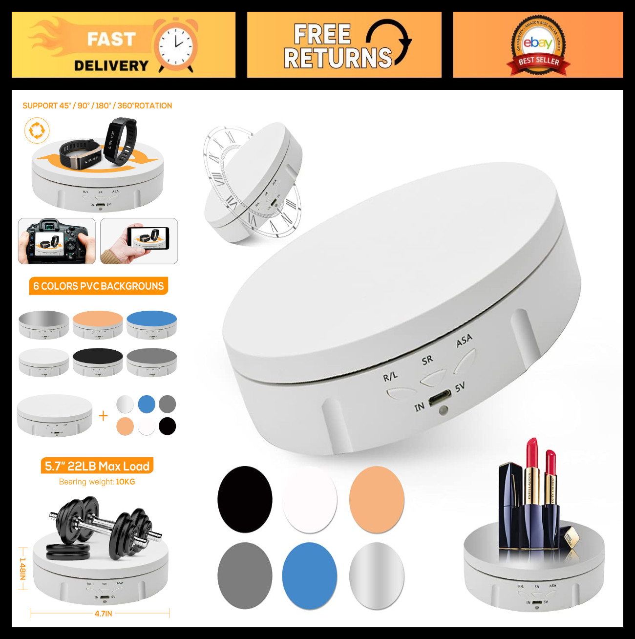 Motorized Rotating Photography Turntable Stand – 90/180/360° Display with 6 PVC