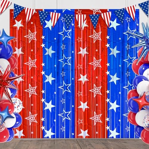 4th of July Backdrop Decorations, 2 Pack Star Print Red Blue 6.56*6.56ft