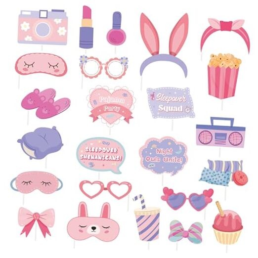 24PCS Sleepover Party Photo Booth Props, Sleepover Party Supplies for Girls