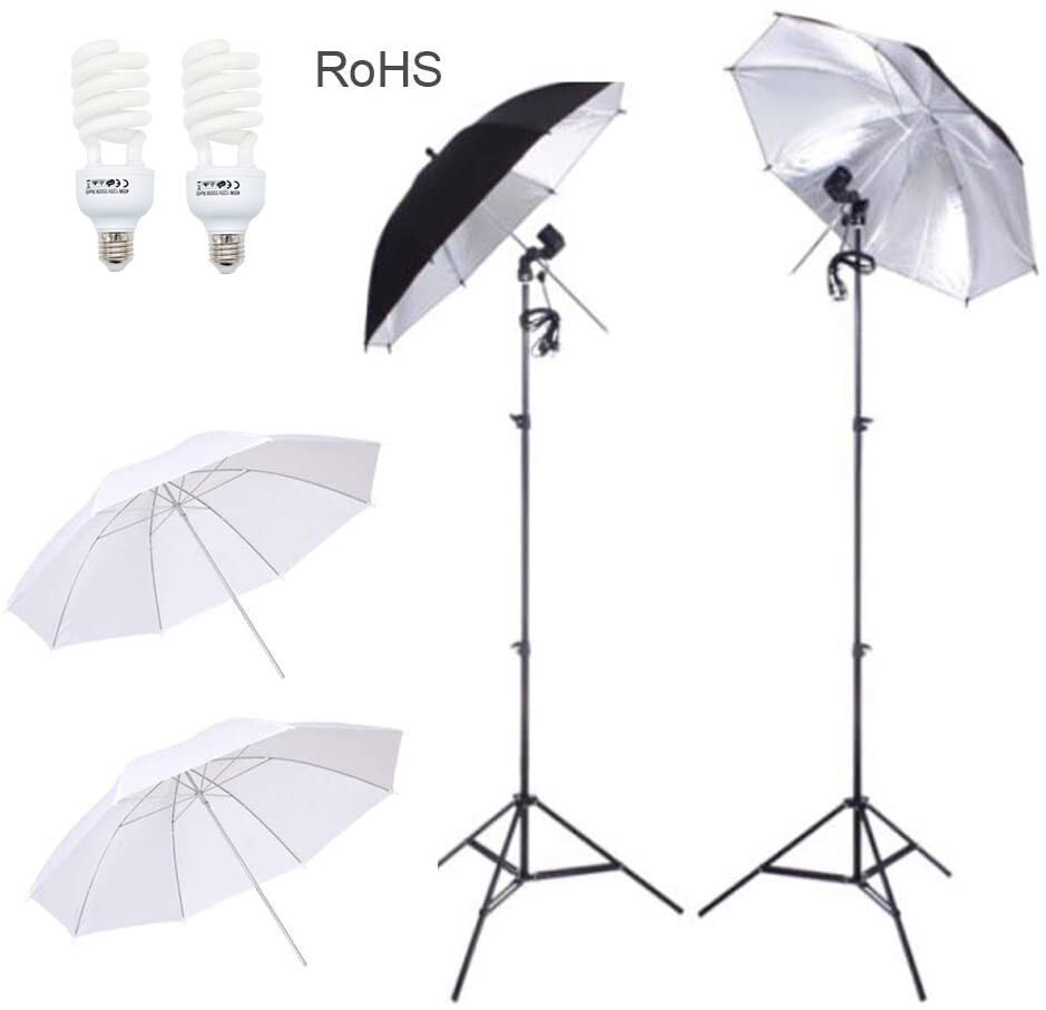 Studio Lighting Kit–33″ Umbrella(2 WT+2 BK/Silver),2 Stands,2xSockets,2x45W CFL