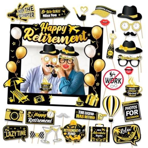 Retirement Party Photo Booth Props Kit – 26pcs Selfie Props & 1 Frame, Fun
