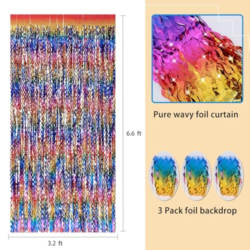 3 Pack Colorful Foil Fringe Curtain Backdrop – 6.6 x 3.3 ft Wavy Tinsel Rainbow