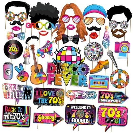 42pc 70s Photo Booth Props, 1970s Party Decorations Disco Photo Booth Props,