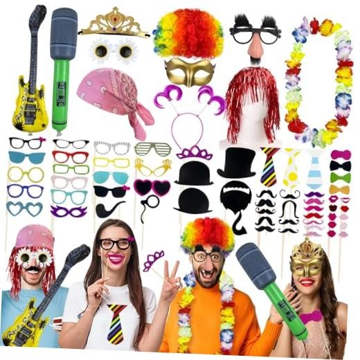 Colorful Photo Booth Props Set Novelty Funny Hats Wigs Glasses Props Sign 69PCS