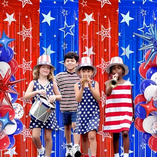 4th of July Backdrop Decorations, 2 Pack Star Print Red Blue 6.56*6.56ft