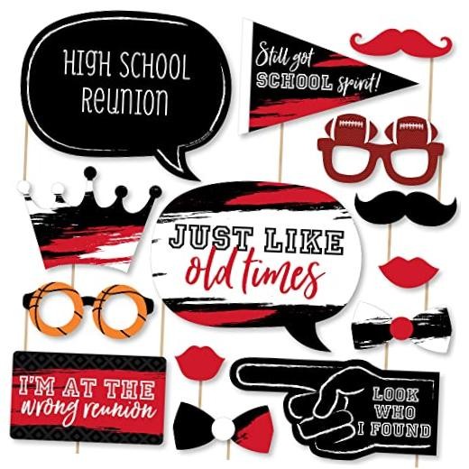 Class Reunion Photo Booth Props Kit – 20 Premium Cardstock Props, School Red