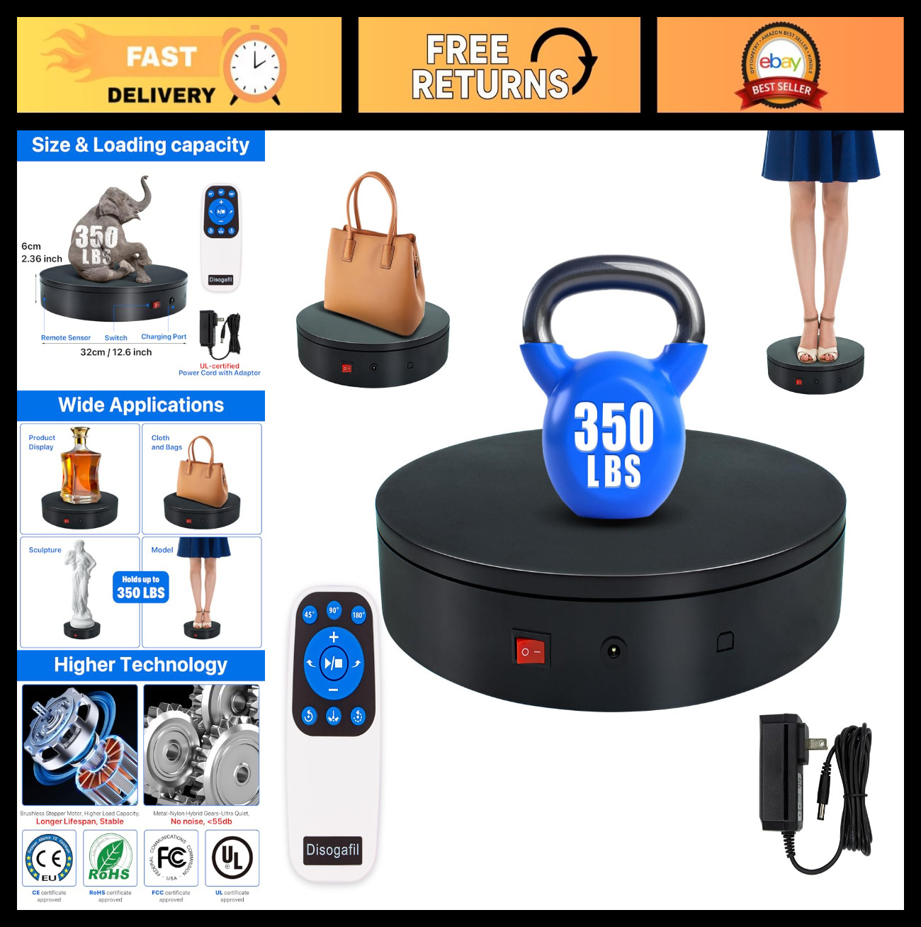 Motorized 360 Rotating Turntable, 12.6″ Display Stand, 350lbs Capacity, Remote C