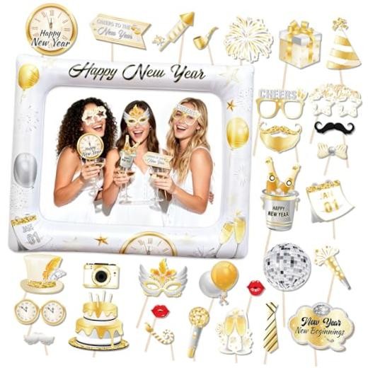 29PCS White Gold Happy New Year Photo Booth Props with Photo Frame,2026 New