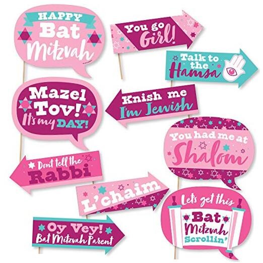 Funny Pink Bat Mitzvah – Girl Party Photo Booth Props Kit – 10 Piece