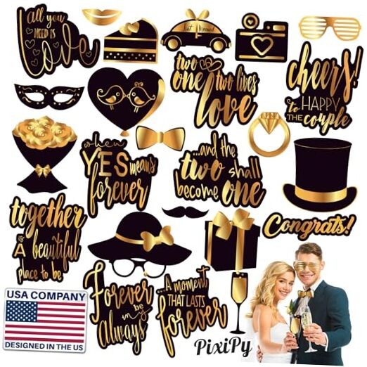 Wedding Photo Booth Props (24 Pieces), Fun Photoshoot 1 Set(24Pcs) Black & Gold