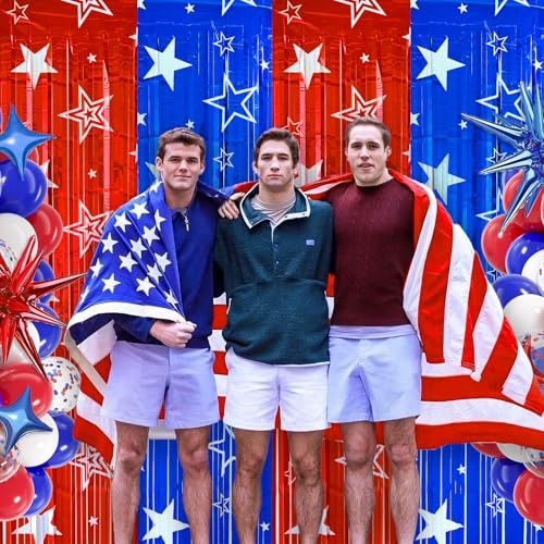 4th of July Backdrop Decorations, 2 Pack Star Print Red Blue 6.56*6.56ft