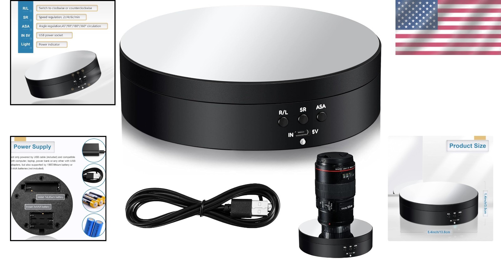 360 Degree Rotating Display Stand with USB Power, Black