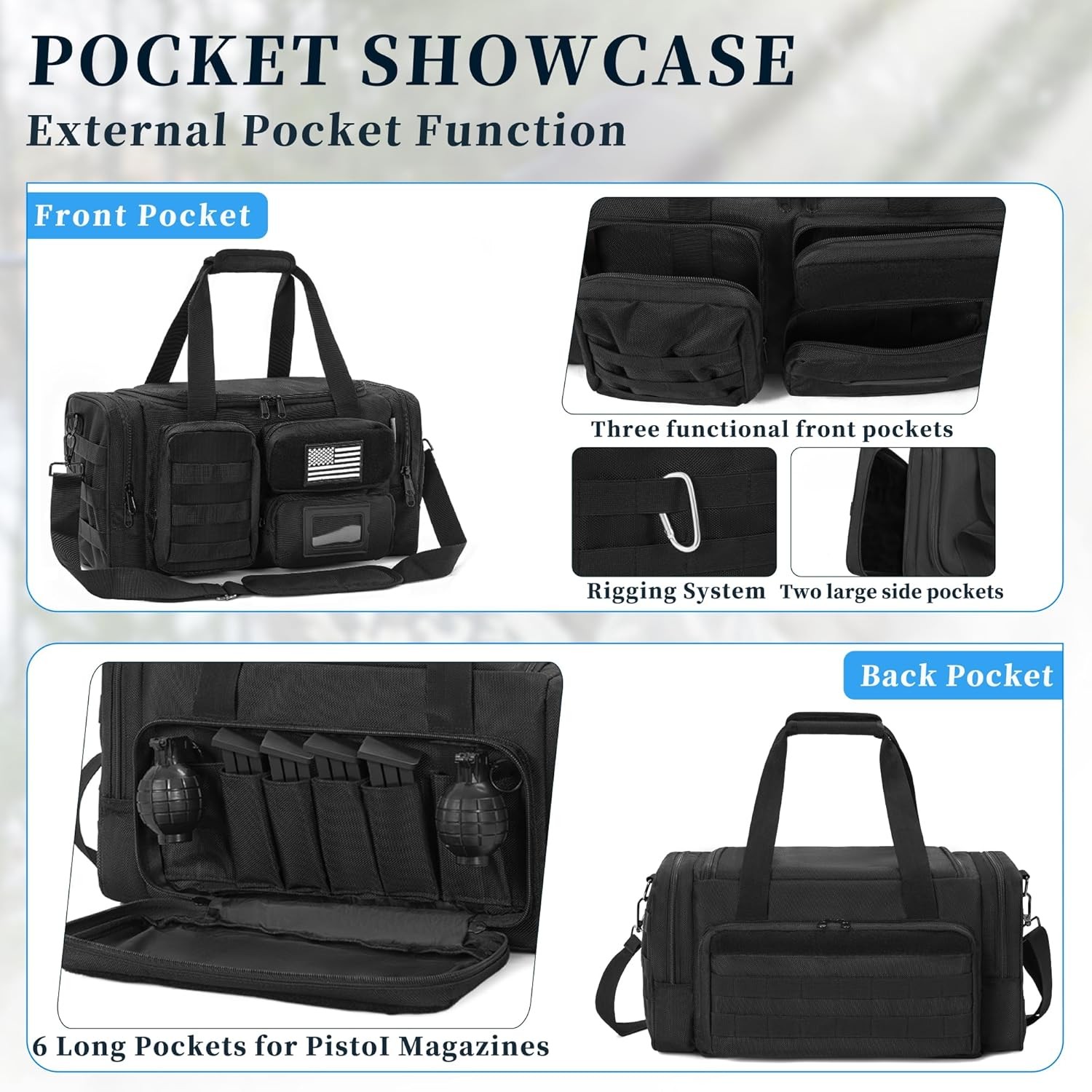Tactical Pistol Range Bag with Mag Slots and Extra Storage