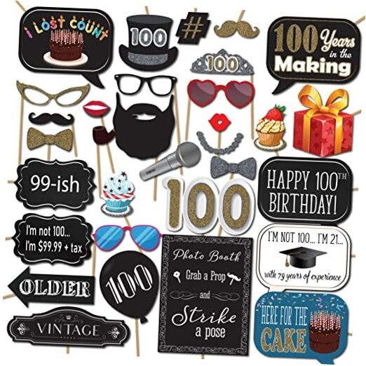 100th Birthday Photo Booth Props – 31-pc Selfie Props with 8 x 10-Inch Sign,